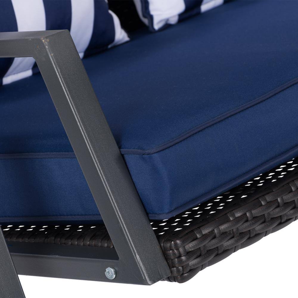 Flora Navy Blue 3-Seat Metal Patio Swing with Canopy and Striped Pillows