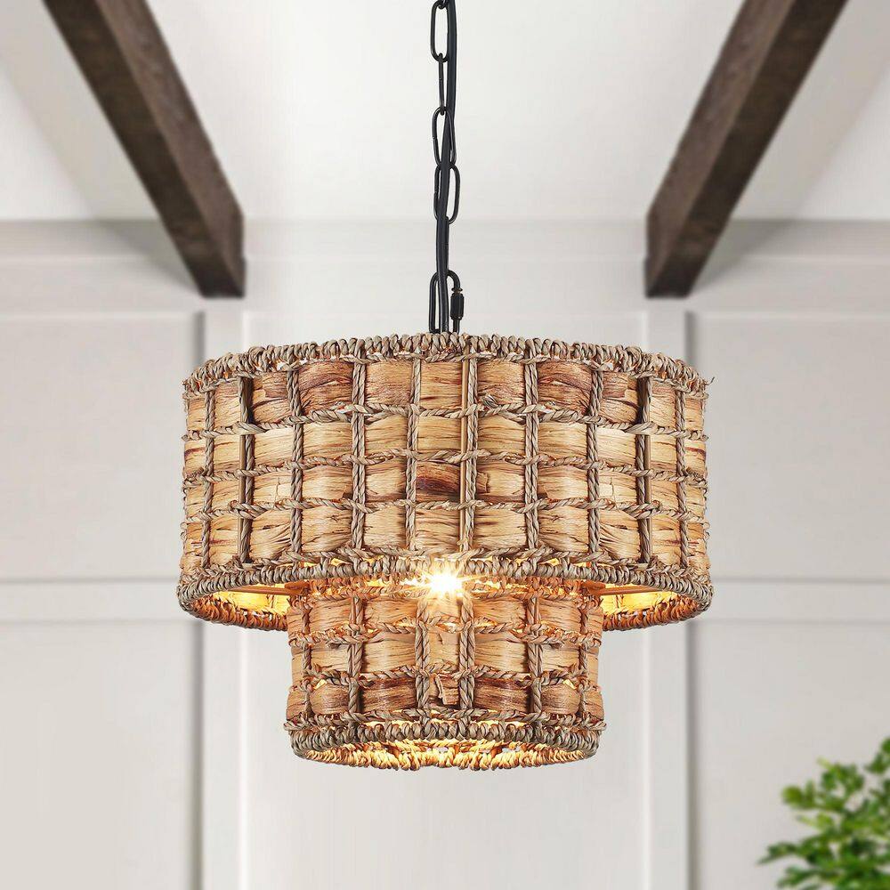 Bohemian 11.8in. 2-Tier 60-Watt 1-Light Black and Brown Drum Pendant with Hand Woven Bamboo Shade for Dining Room, Foyer price history on PriceWatchPro