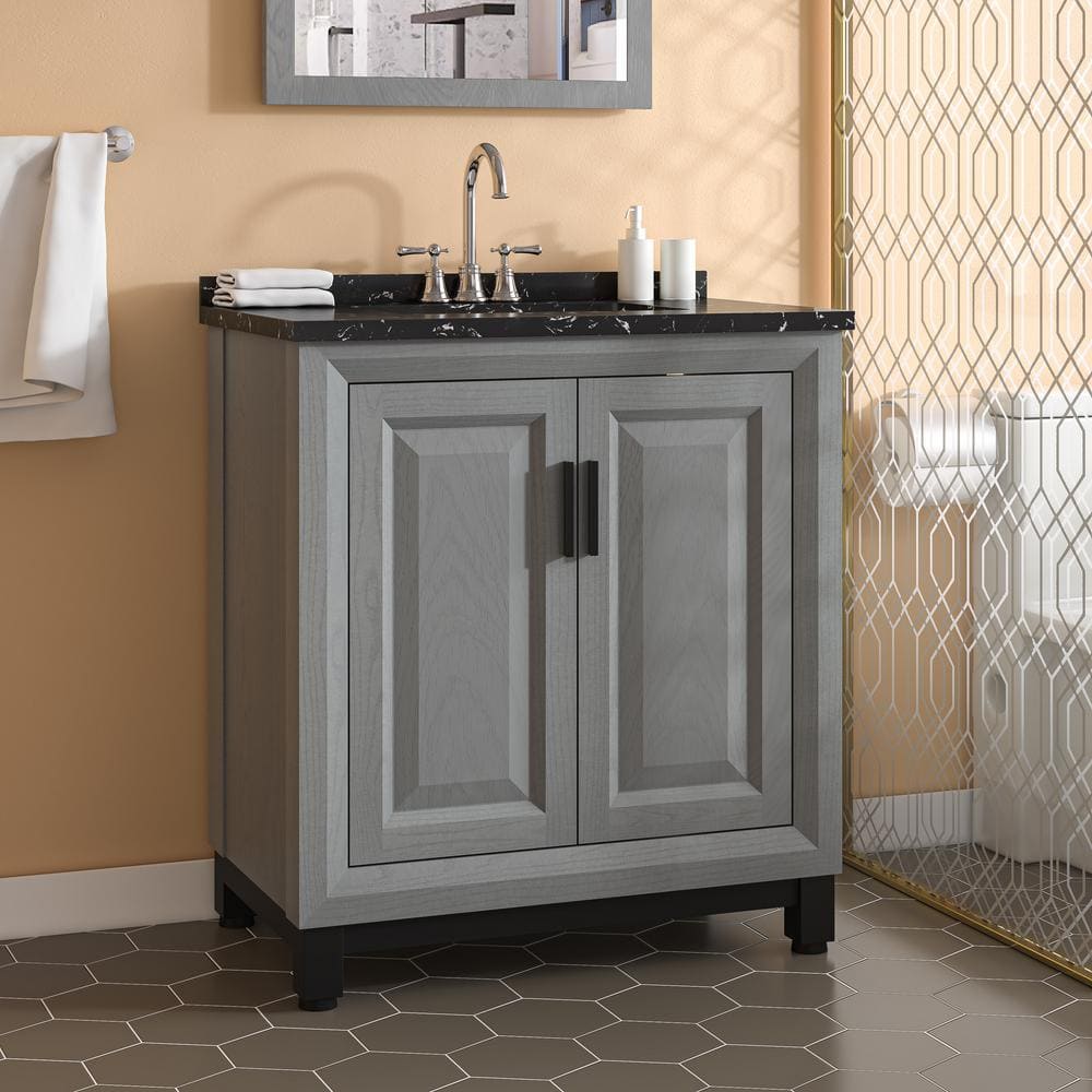 Gray 30" Freestanding Vanity with Marble Top and Storage Cabinet