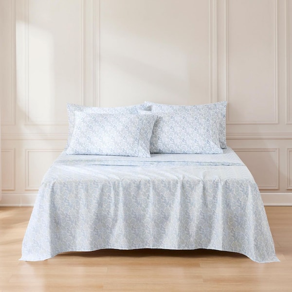 Botanical Leaf and Floral 6-Piece Set Blue Farmhouse Microfiber Queen Sheet Set