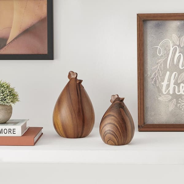 DANYA B Hona Brown Walnut 5.4 in. W x 8.3 in. H Set of 2 Modern Abstract Walnut Finish Tabletop Hen Chicken Sculpture Figures