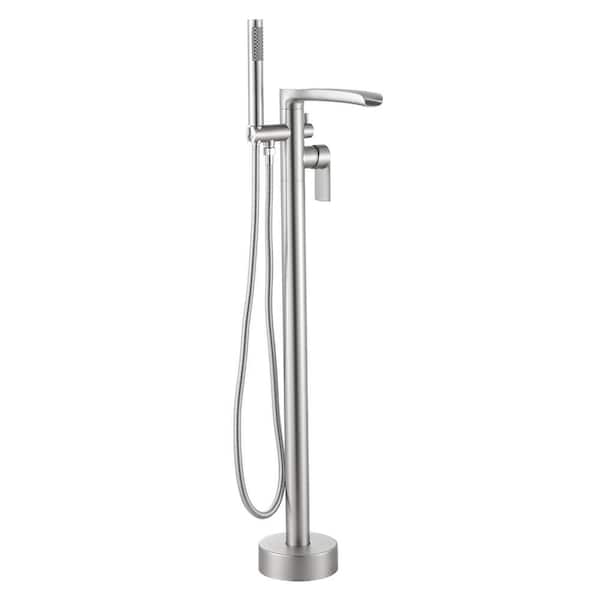 Single Handle Freestanding Tub Faucet with Hand Shower in Brushed Nickel