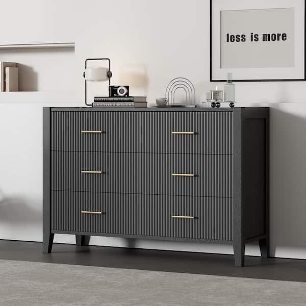 Harper & Bright Designs Black 6-Drawer 48 in. Wide Dresser with Metal Handles, Storage Cabinet with Vertical Stripe Finish Drawer