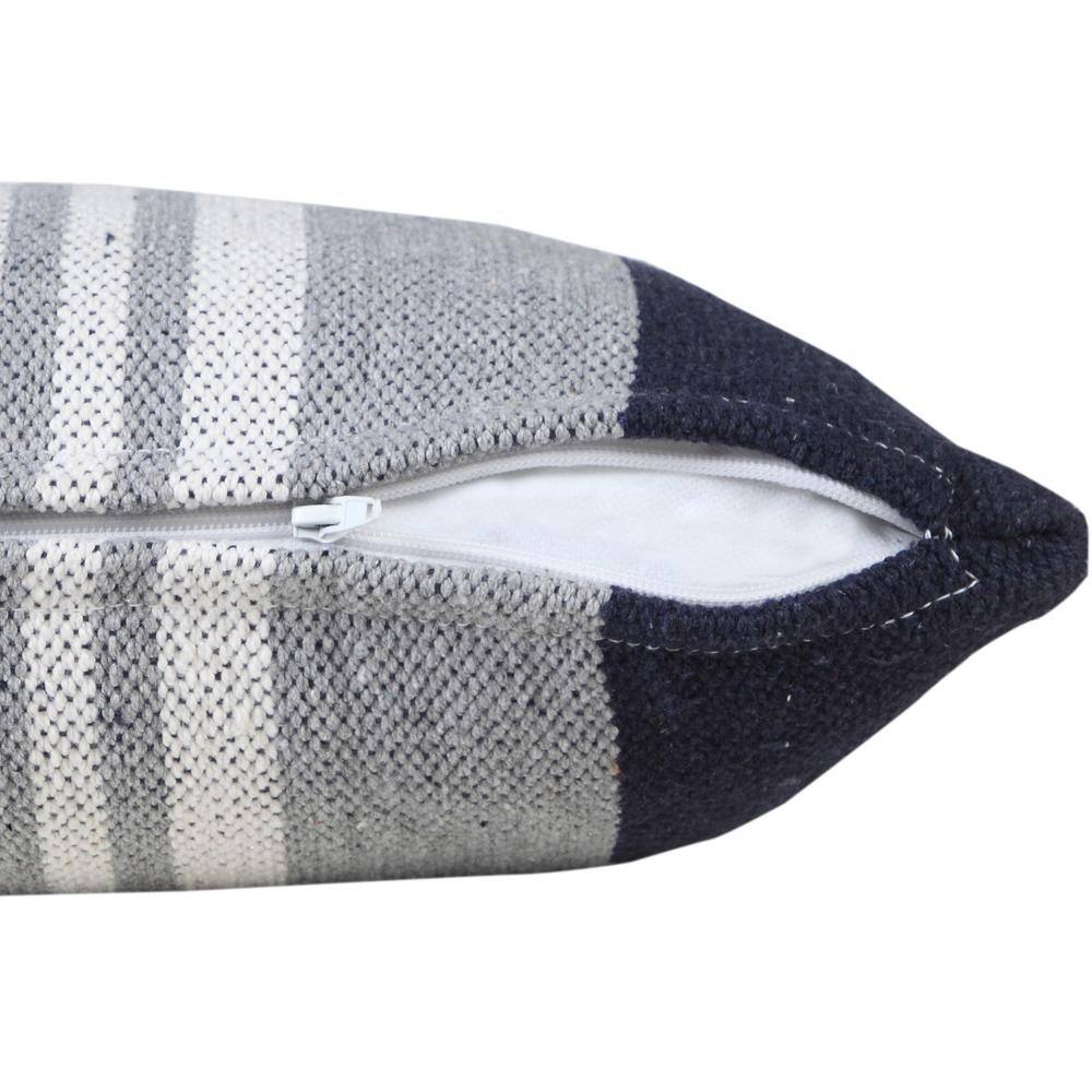 Blue and Gray Striped Cotton Lumbar Throw Pillow