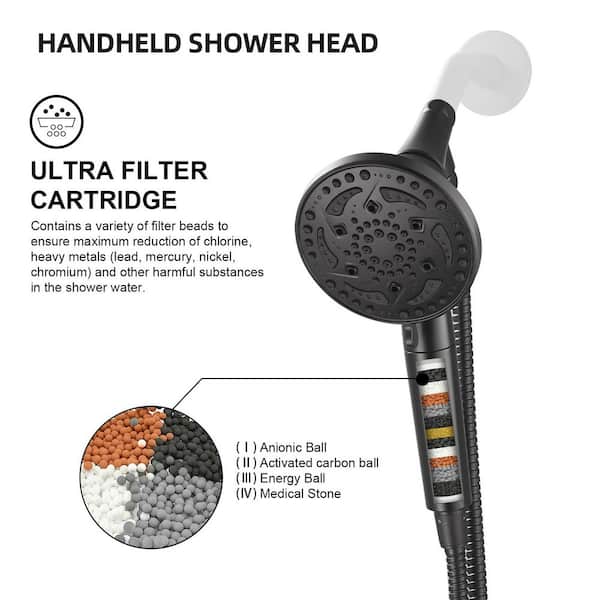 7-Spray Pattern 4.92 in. Wall Mount Handheld Shower Heads 1.8 GPM with Filter Removable Shower Hose in Matte Black