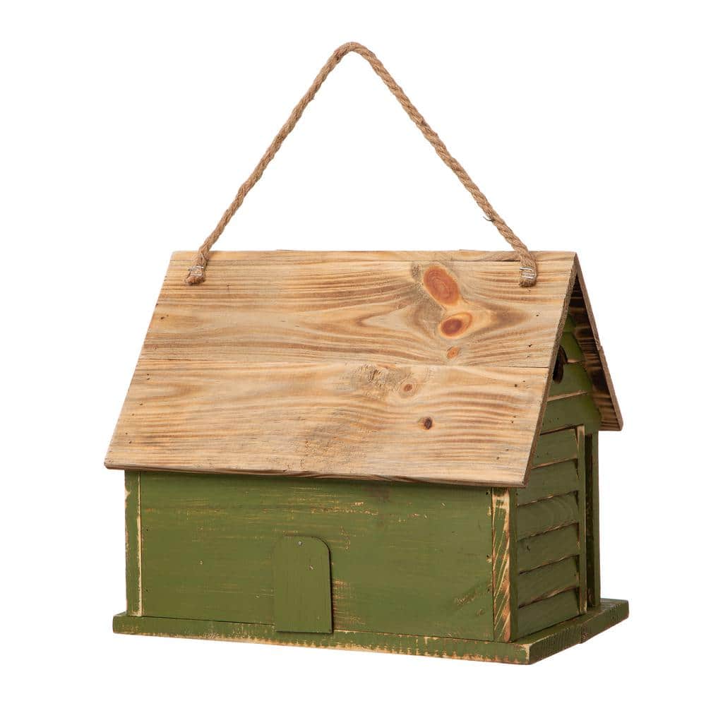 14.25" Green and Natural Wood Hanging Birdhouse