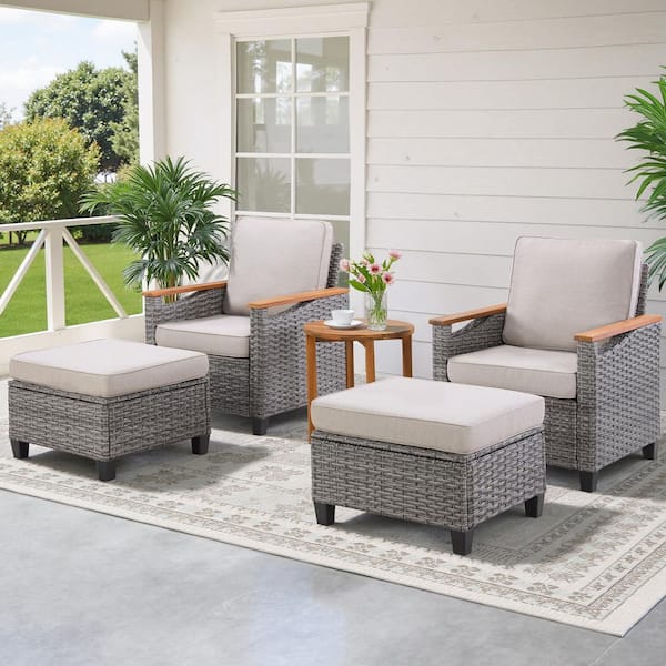 5-Piece Wood and Wicker Patio Conversation Set 23 in. Deep Seating Set with Beige Cushions
