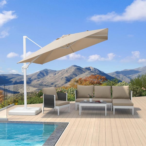 PURPLE LEAF 9 ft. Square Outdoor Patio Cantilever Umbrella White Aluminum Offset 360° Rotation Umbrella with Base, Beige