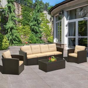 7-Pieces Outdoor Rattan Sectional Sofa Patio Wicker Furniture Sets with Coffee Table and Beige Cushions