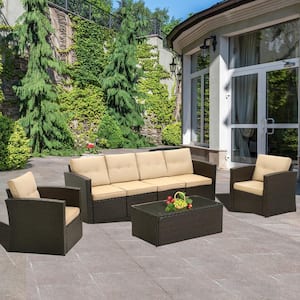 7-Pieces Outdoor Rattan Sectional Sofa Patio Wicker Furniture Sets with Coffee Table and Beige Cushions