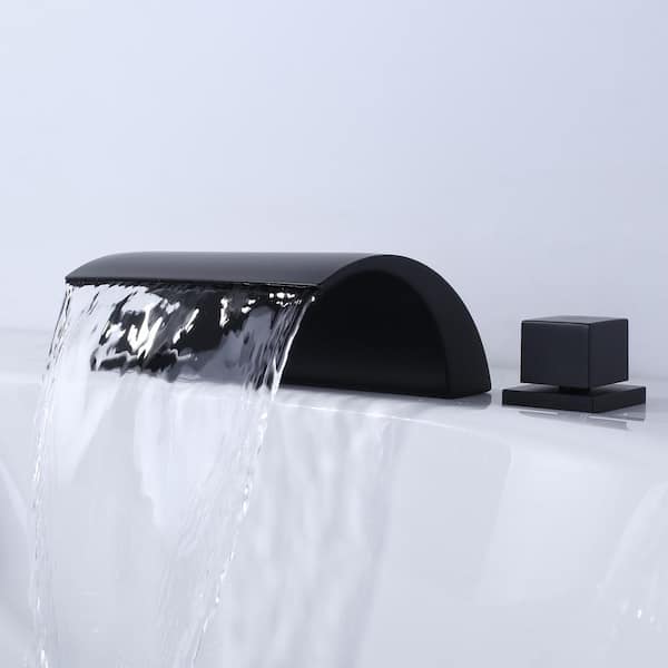 Waterfall 2-Handle Deck Mounted Roman Tub Faucet 3-Hole Bathtub Faucet with Dual Handles in Matte Black