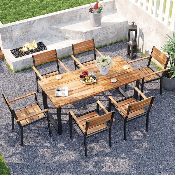 Black 7-Piece Wood Rectangular 29 in. Table Outdoor Dining Set 6 Armchairs with 2 in. Umbrella Hole