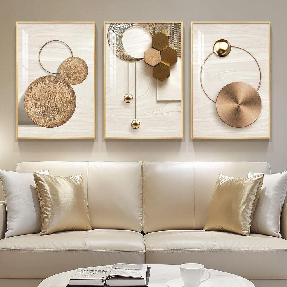 3 Piece Framed Modern Luxury Gold Wall Art Poster, Bronze Gold