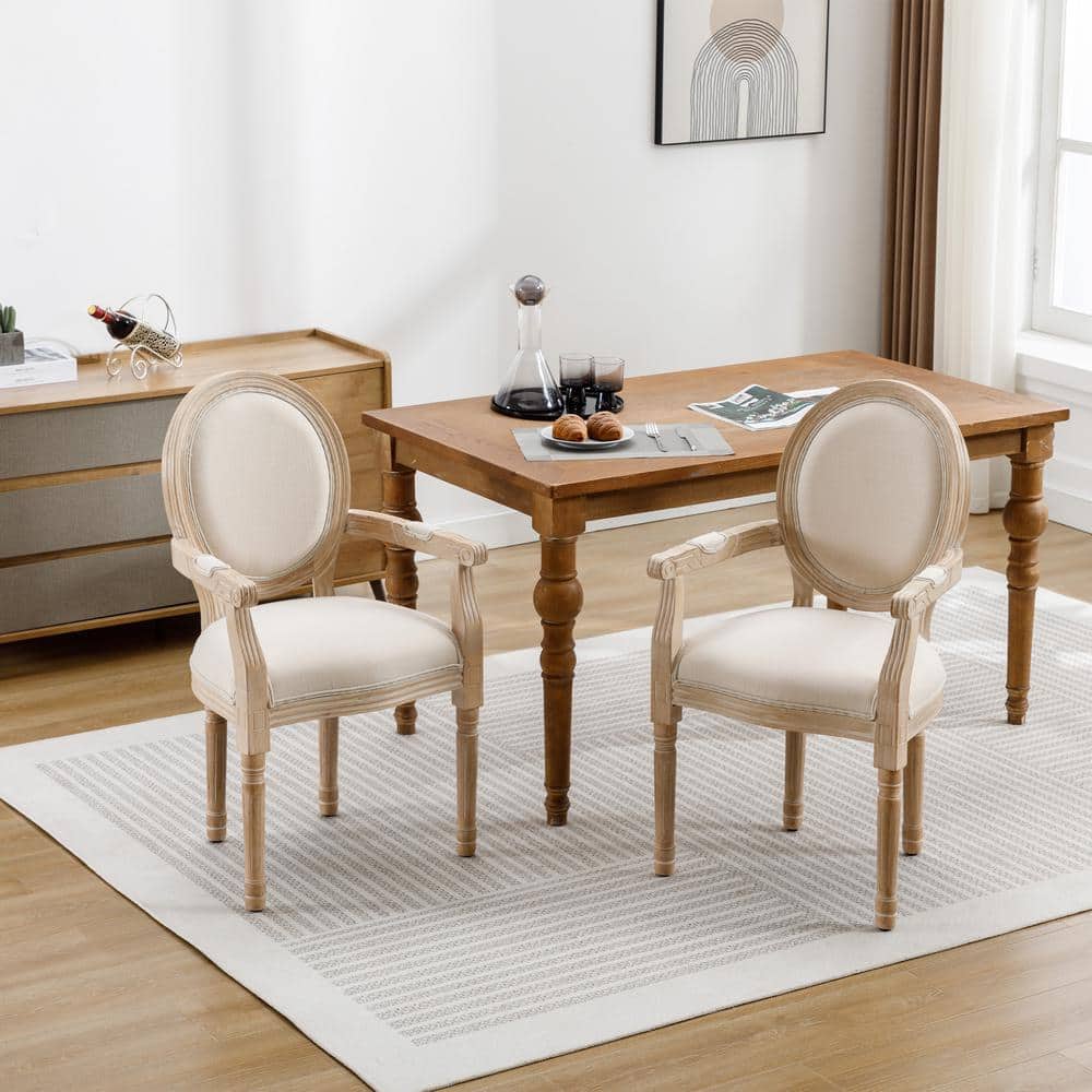 French Style Beige Linen Upholstered Wood Arm Chairs, Set of 2