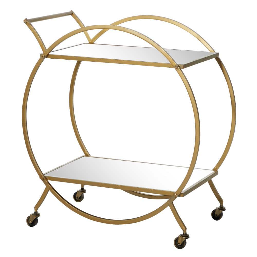 Elegant Gold Metal Bar Cart with Mirrored Shelves and Wheels