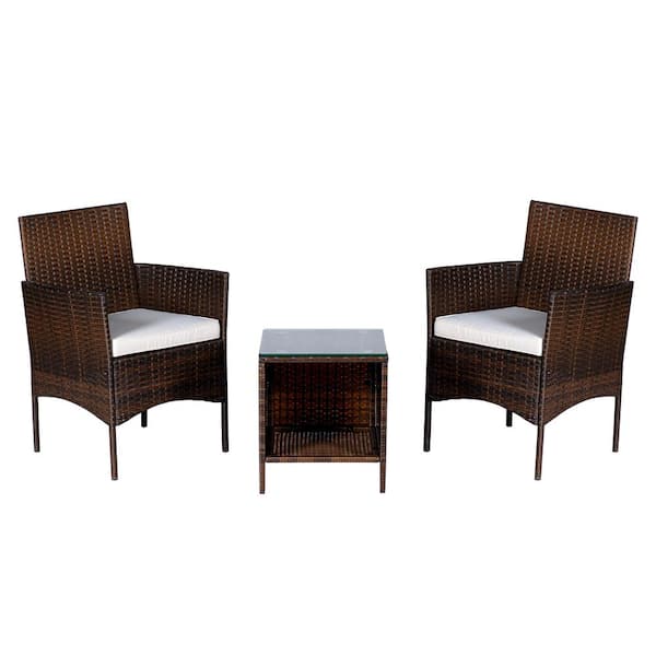 Unbranded SERGA.3-Piece PE Rattan Outdoor Patio Conversation Sofa Set with 2 Chairs, 1 Table And White Cushion