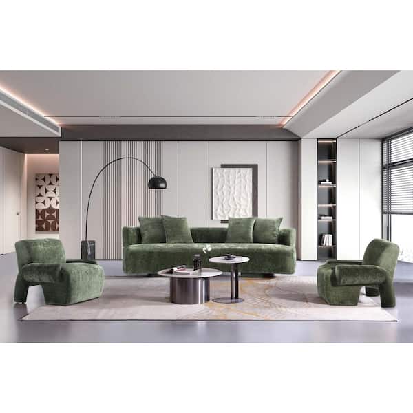 Manhattan Comfort Verandah 3-Piece Mid-Century Modern Olive Green Chenille Upholstered XL Sofa and Accent Chair Living Room Set