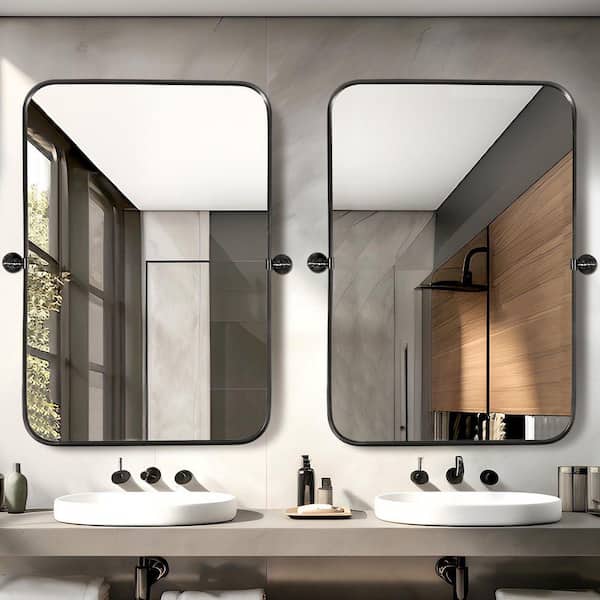 Black 23 in. W x 32 in. H Modern Rectangle Metal Framed Pivoted Wall Vanity Mirror (Set of 2)