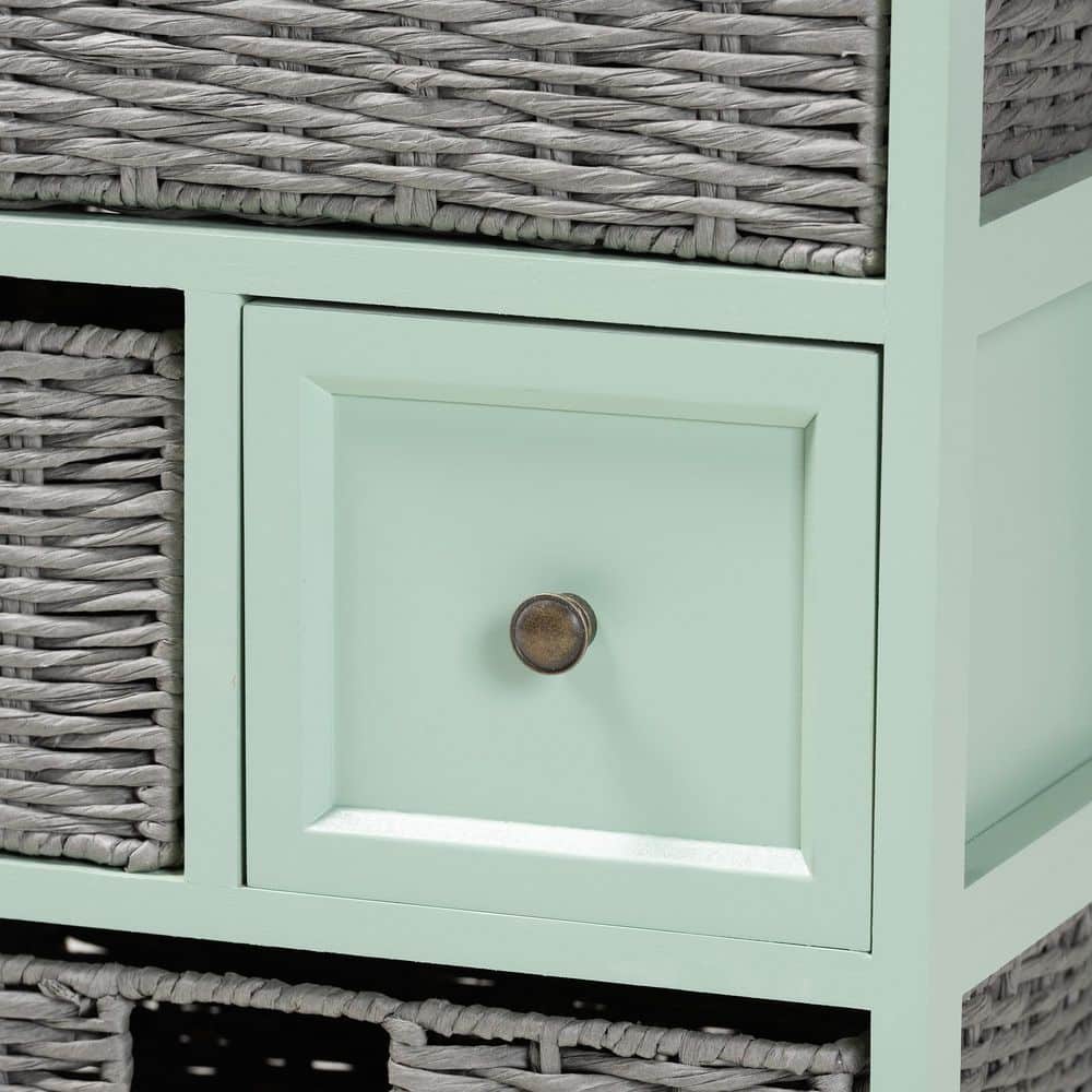 Mint Green and Oak Brown 3-Drawer Storage Unit with Wicker Baskets