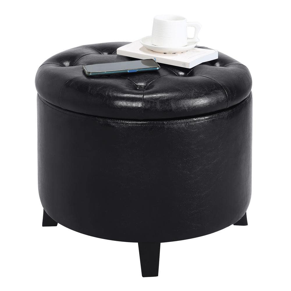 Elegant Traditional Black Faux Leather Round Storage Ottoman with Tufted Lid