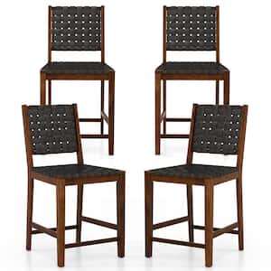 24 in. Wood Faux Leather Woven Bar Stools Counter Height Bar Chairs with High Backrest Footrest Set of 4