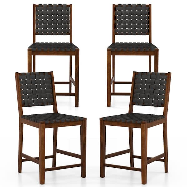 HONEY JOY 24 in. Wood Faux Leather Woven Bar Stools Counter Height Bar Chairs with High Backrest Footrest Set of 4