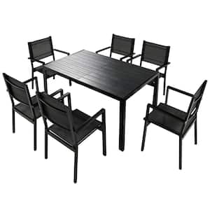 Black 7-Piece Metal Patio Outdoor Dining Set with Table and Arm Chairs