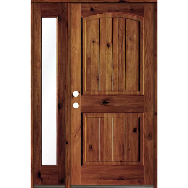 Krosswood Doors 44 in. x 80 in. Rustic Knotty Alder Right-Hand/Inswing Clear Glass Red Chestnut Stain Wood Prehung Front Door w/Sidelite