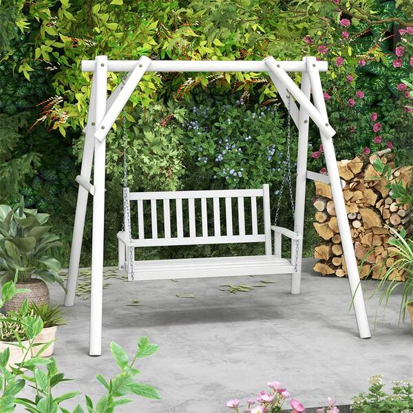 Costway Outdoor Porch Swing 3-Person White Wood Heavy Duty Patio