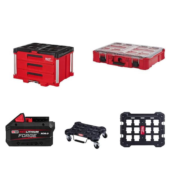 PACKOUT 22 in. 3-Drawer Tool Box, Organizer, M18 8.0 Ah Battery, Dolly and Mounting Plate Combo