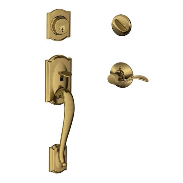 Schlage Camelot Single-Cylinder Antique Brass Handleset with Left-Hand Accent Lever