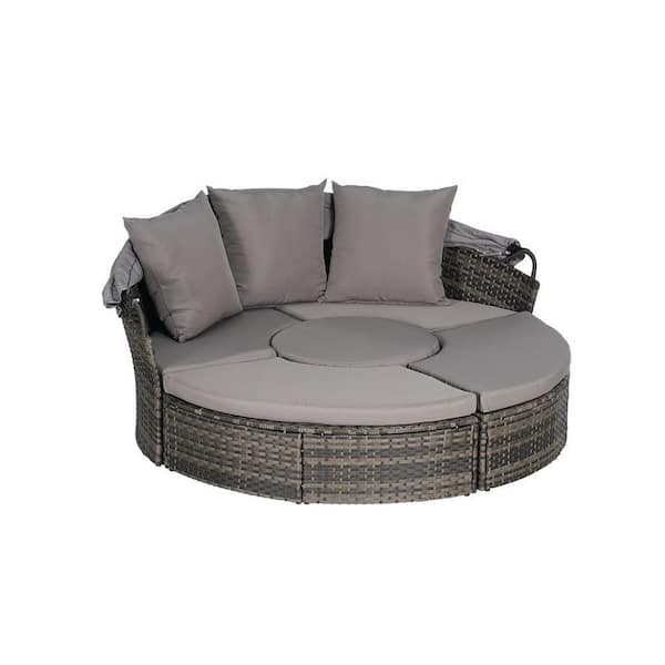 Sudzendf 5-Pieces Gray Wicker Outdoor Patio Day Bed with Dark Gray Cushions and Canopy