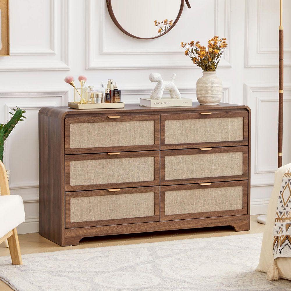 ATHMILE Walnut 6 drawer 47.24 in. Wide Dresser WNT-Z6111M75-BL