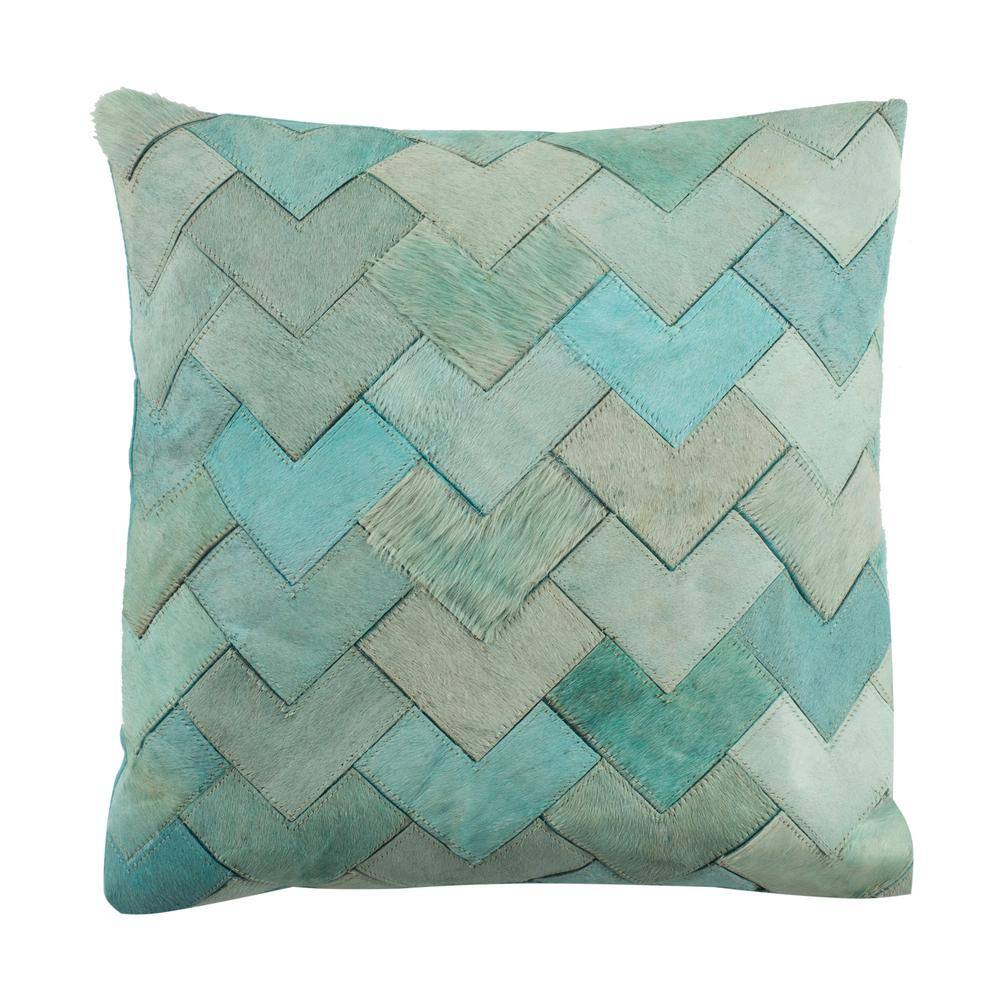 Teal and Gray Cowhide Chevron 20" Square Pillow