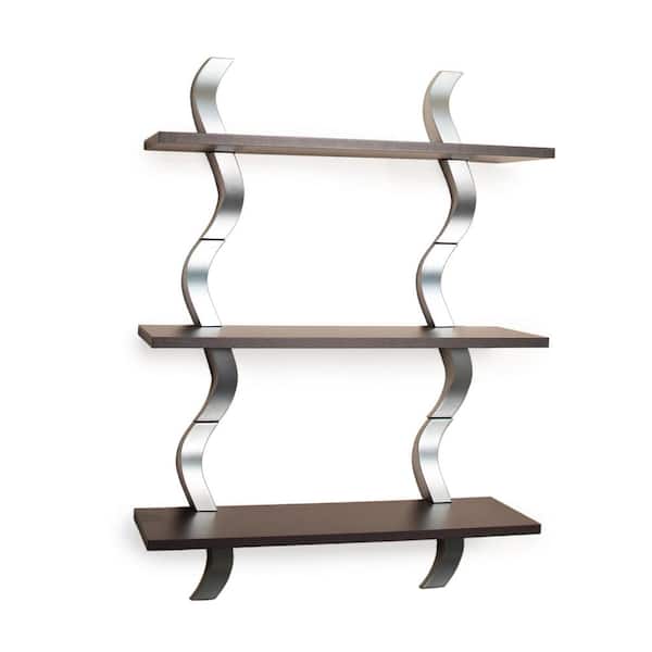 DANYA B Contempo Waves 27.5 in. W x 40 in. H Walnut Grain Laminated MDF and Silver ABS Three Level Shelving System