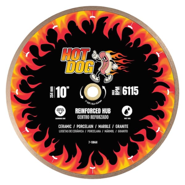 Hot Dog 10 in. Diamond Blade with Reinforced Steel Hub Cuts Wet Through Porcelain, Ceramic, Marble and Granite