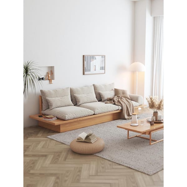 JASIWAY 112.2 in. Width Round Arm Cotton Linen Storage Straight Sofa in Beige