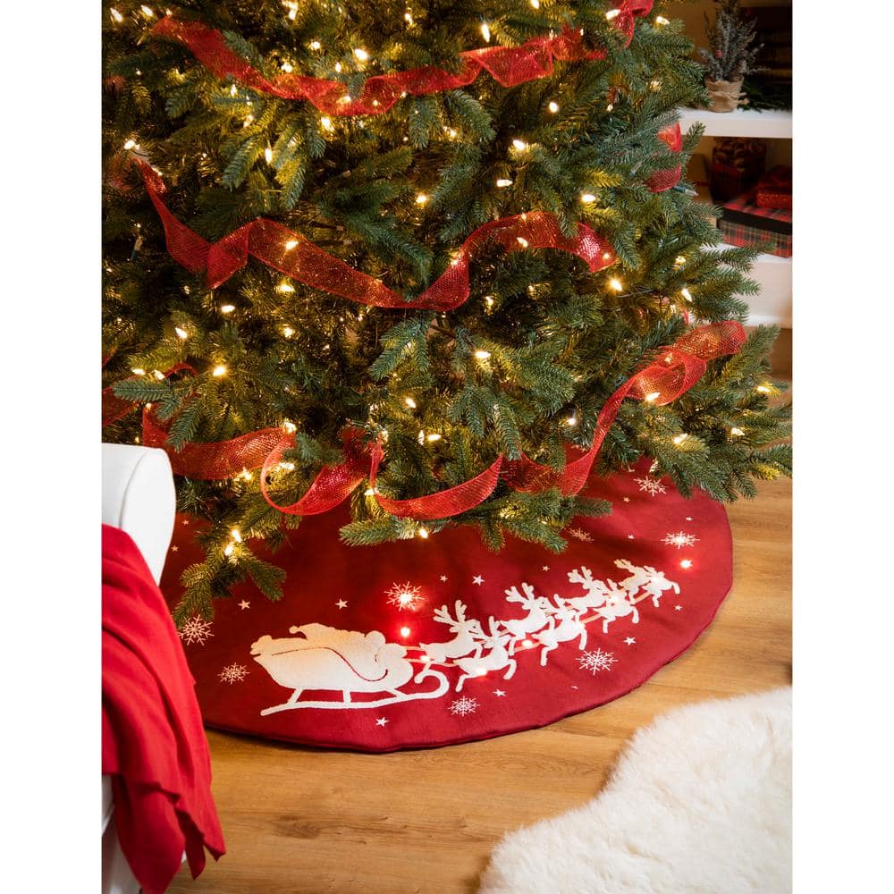 Evergreen Enterprises Santa's Sleigh 47 in. Fabric Christmas Tree Skirt with Embroidered Detail and LED Lights -  4TS554