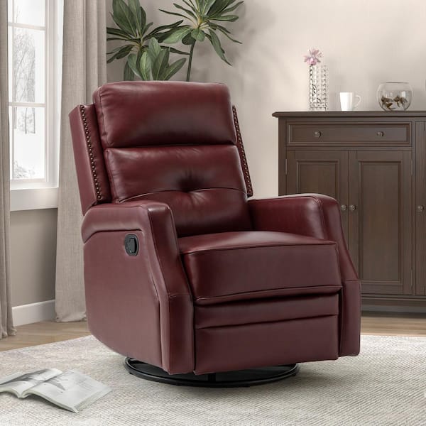 ARTFUL LIVING DESIGN Ifigenia 28.74 in. Wide Burgundy Genuine Leather Swivel Rocker Recliner with Tufted Back
