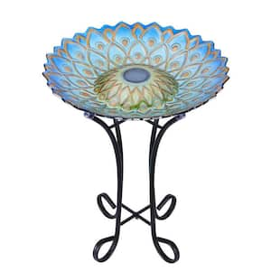 Outdoor Solar Peacock Blue Geometric Birdbath with Metal Stand