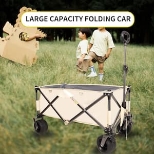 4.59 cu ft Outdoor Garden Steel Frame Foldable White Wagon Garden Cart with 4 Wheels, Adjustable Handle and Drink Holder