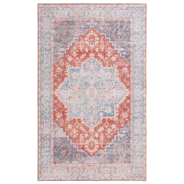 SAFAVIEH Arizona Light Blue/Rust 8 ft. x 10 ft. Distressed Border Ornate Machine Washable Area Rug
