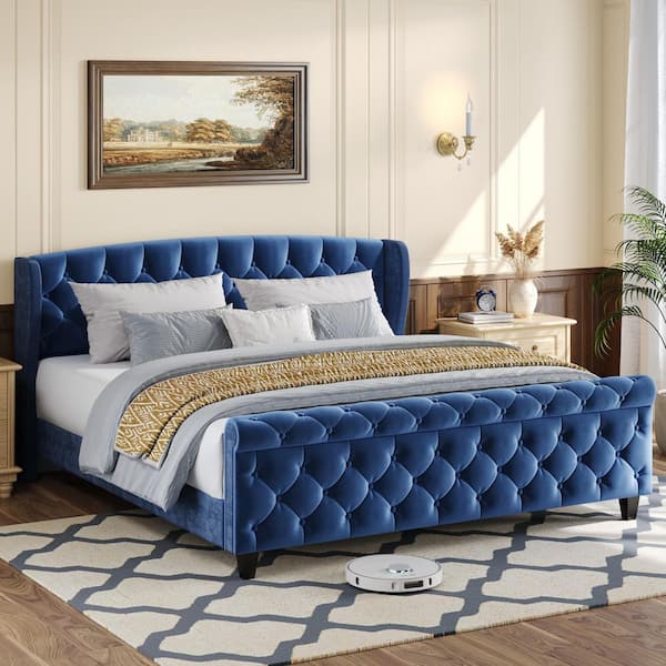 Valric Blue Velvet Button Tufted Upholstered Wood Frame King Platform Bed with Wingback Headboard and Scroll Footboard