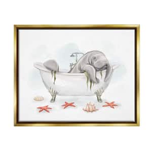 Manatee Sea Life Swimming Bathtub Painting Design by Ziwei Li Floater Frame Typography Art Print 21 in. x 17 in.