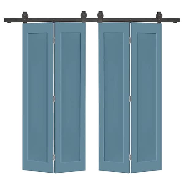 CALHOME 60 in. x 80 in. 1 Panel Shaker Hollow Core Dignity Blue Composite Double Bi-fold Door with Barn Door Hardware Kit
