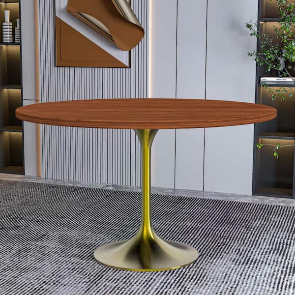 Leisuremod Cognac Brown Round MDF Wood 48 in. Tabletop Pedestal Dining Table Seats-4 Verve Collection