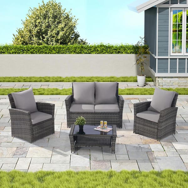 Outdoor Patio Furniture Set Dark Gray 4 -Piece PE Rattan Wicker Patio Conversation Set with Gray Cushions, Coffee Table