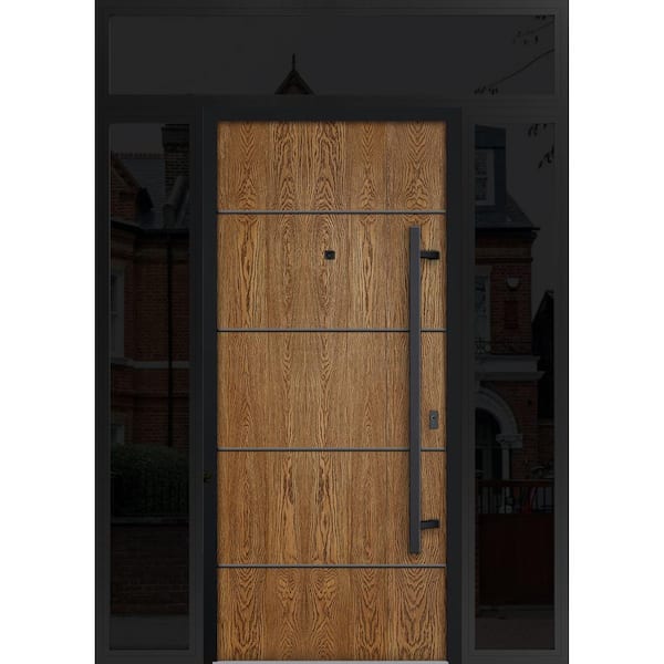 6683 68 in. x 96 in. Left-hand/Inswing 3 Sidelights Natural Oak Steel Prehung Front Door with Hardware