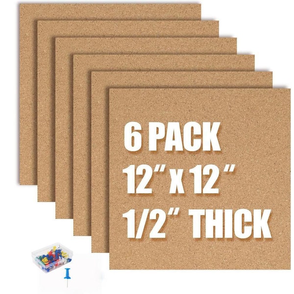 12 x 12 Self Adhesive Cork Board Tiles Natural Cork Strong Self-Healing with Push Pins for Office Home School (6-Pack)