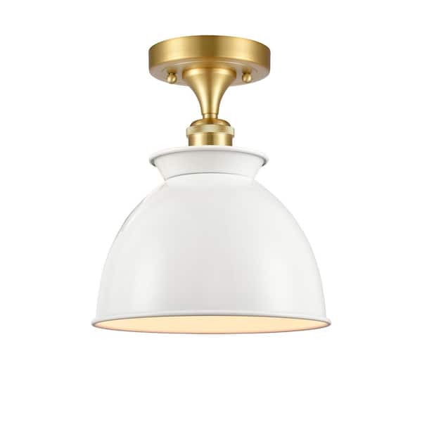 Innovations Adirondack 8.5 in. 1-Light Satin Gold Industrial Semi-Flush Mount with Glossy White Shade